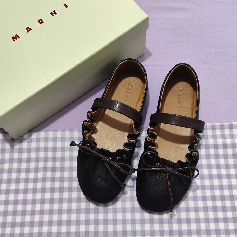 Marni Black Leather Ruffle-Trim Mary Jane Flats with Bow